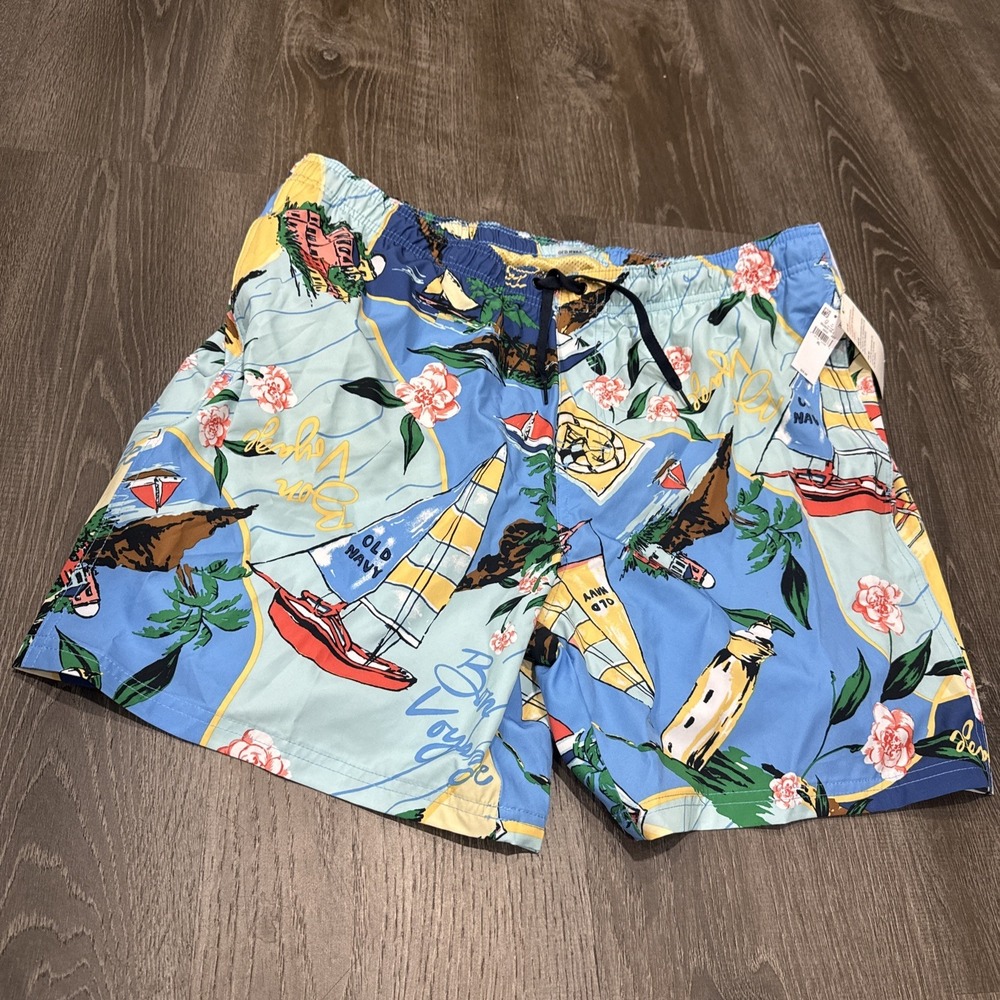 NWT Old Navy Swim Trunks Mens XL Blue Bon Voyage Nautical Sailboat Drawstring